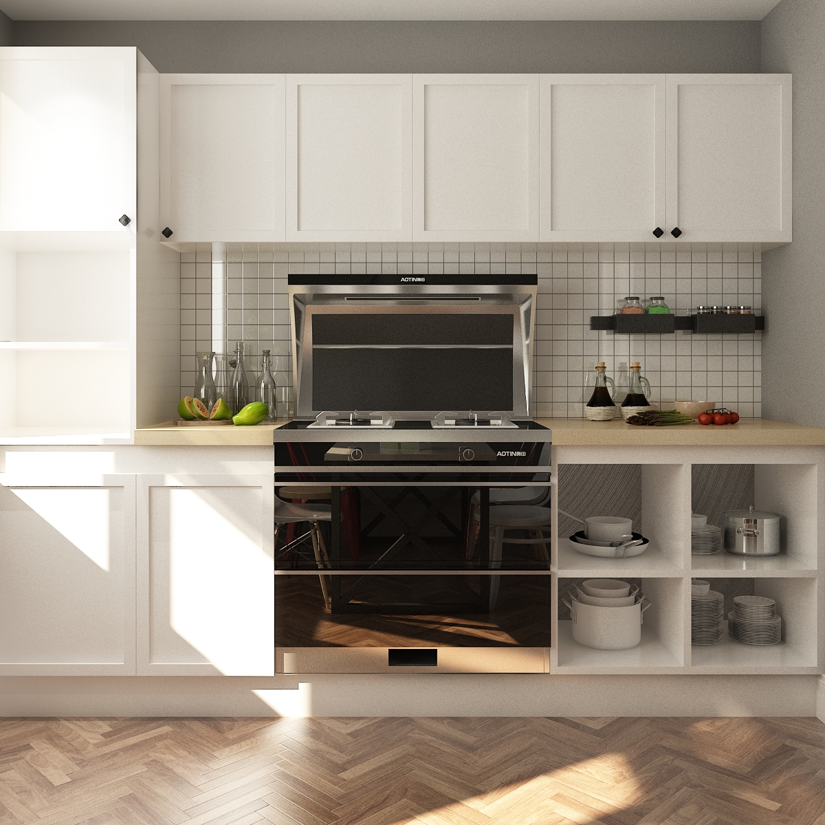 104平现代风三居室,开放式厨房在有限的空间发挥使用的效能