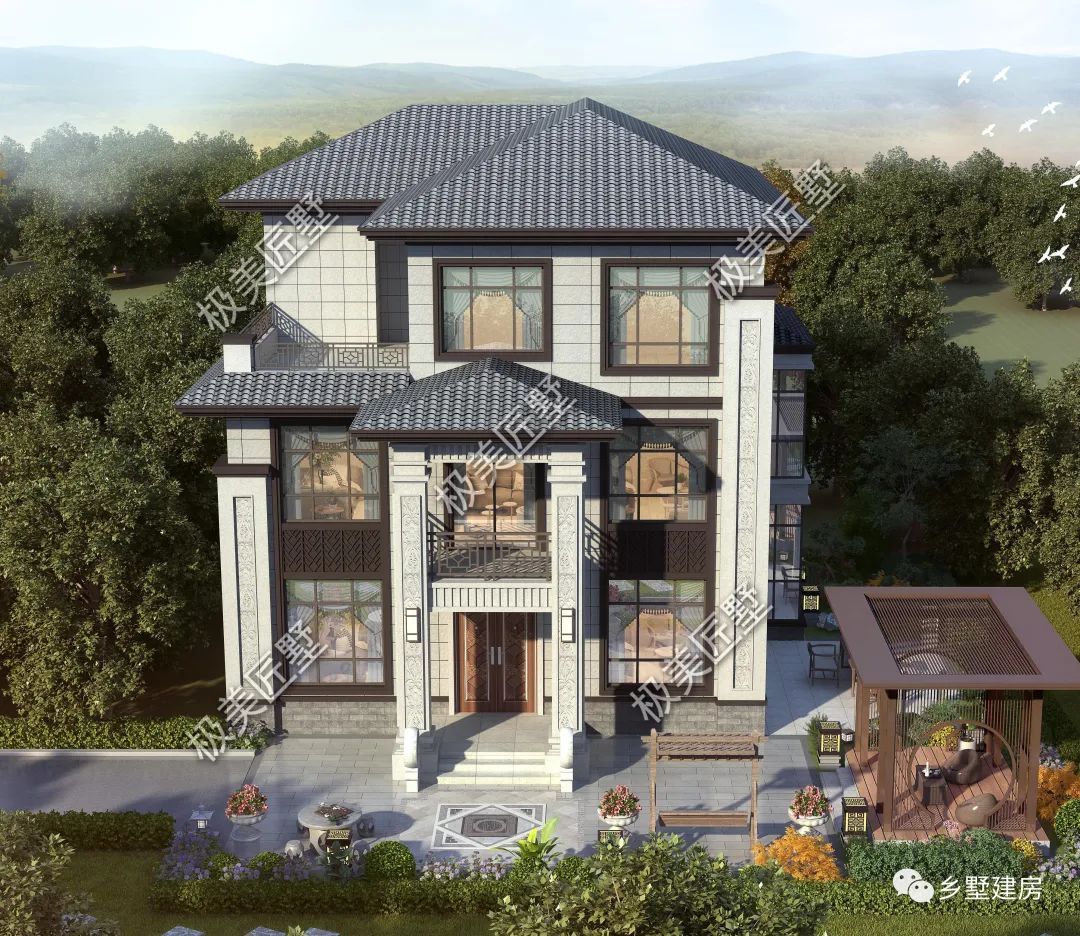 12.8X12米三层新中式别墅，一起感受典雅时尚，建房选它不后悔