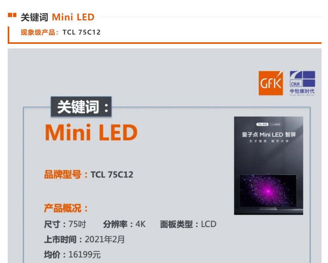 Mini LED|TCL75C12问鼎GfK2021年度彩电十大现象级产品：Mini LED领先