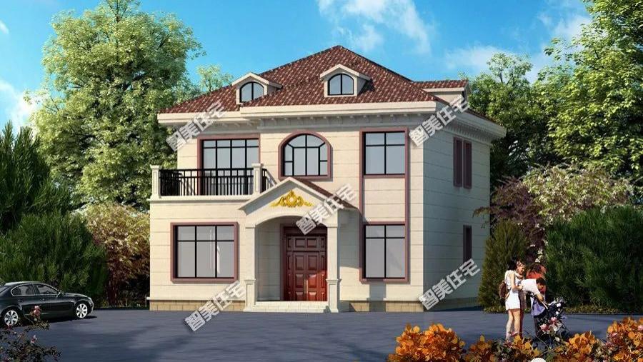 两层带五个房间的小别墅，面宽不到10米，小户型这样建很好看