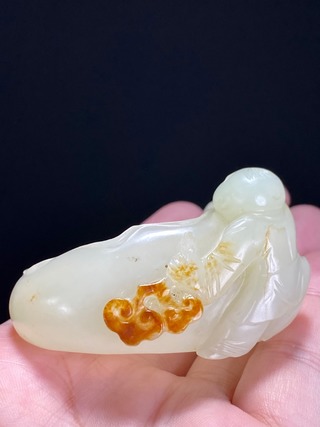 和田玉籽料|清 和田玉籽料 白玉 荷叶形 童子洗 文房摆件 把件