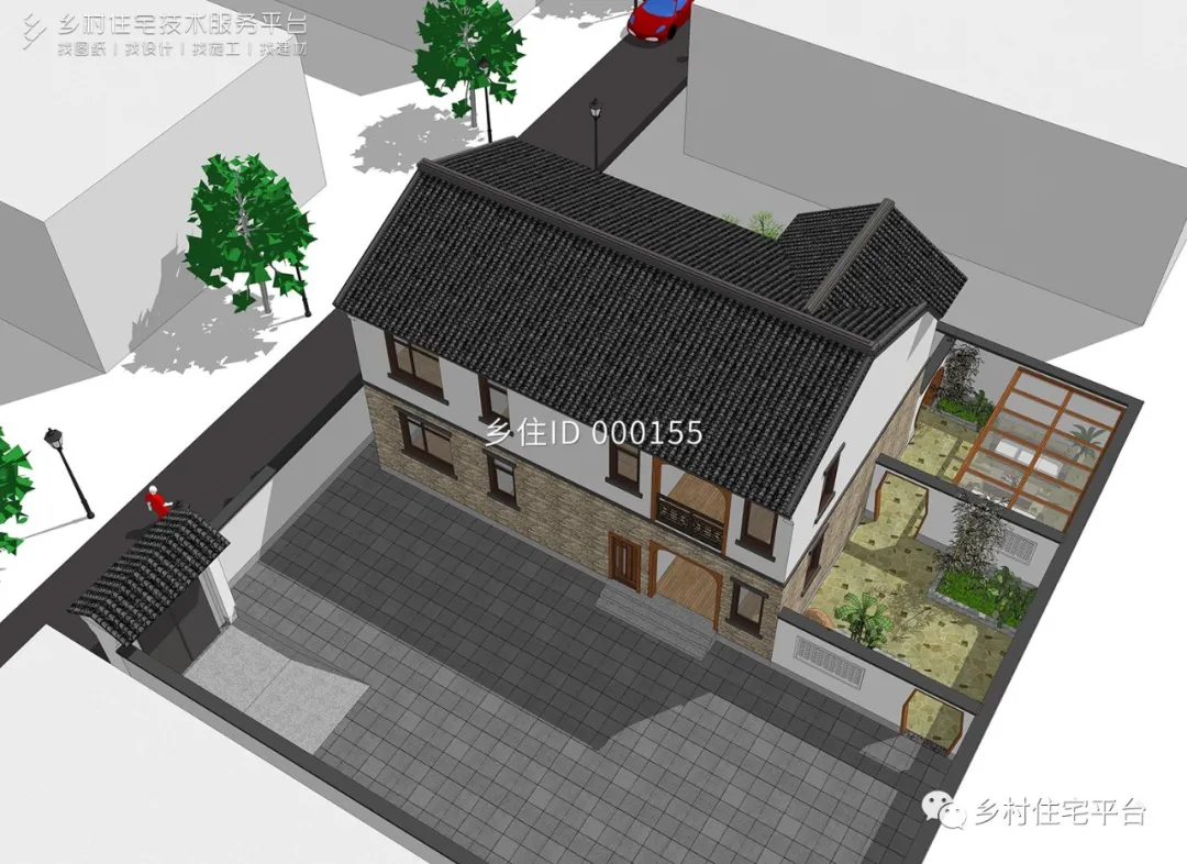 乡住免费图纸 土建造价参考37.6万,面宽13.4m×进深9.2m 二层新中式风格别墅