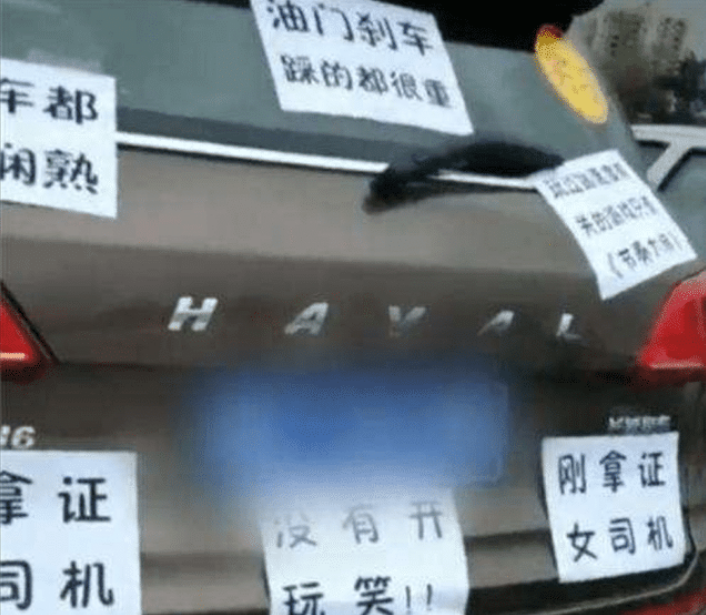 新手女司机上路,车尾6张贴“保命符”,路人:家庭地位挺高的吧