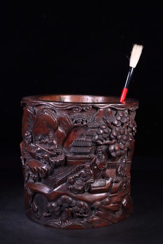 翡翠种水|旧藏:老沉香木雕“琴棋书画”文房笔筒。