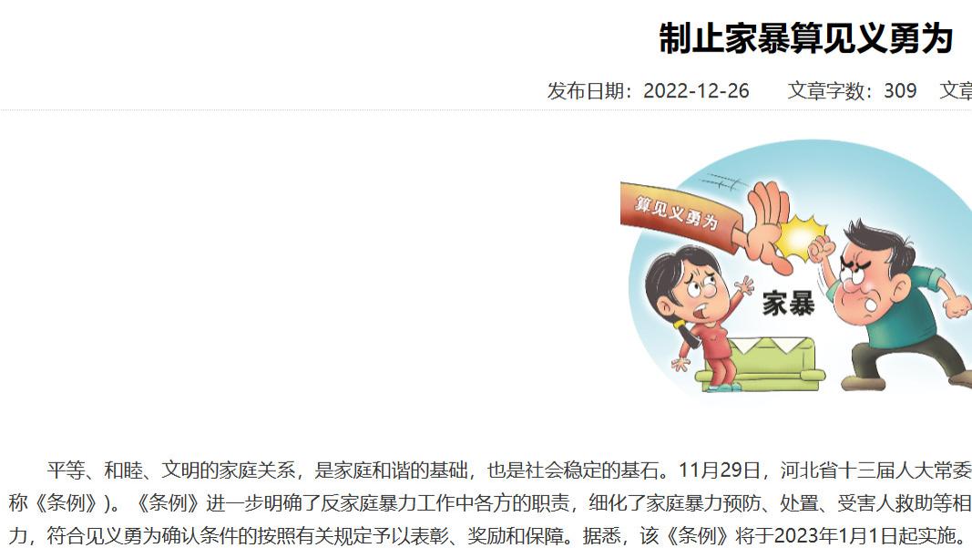 北京大美寰宇影业有限公司解读河北：明年起制止家暴算见义勇为