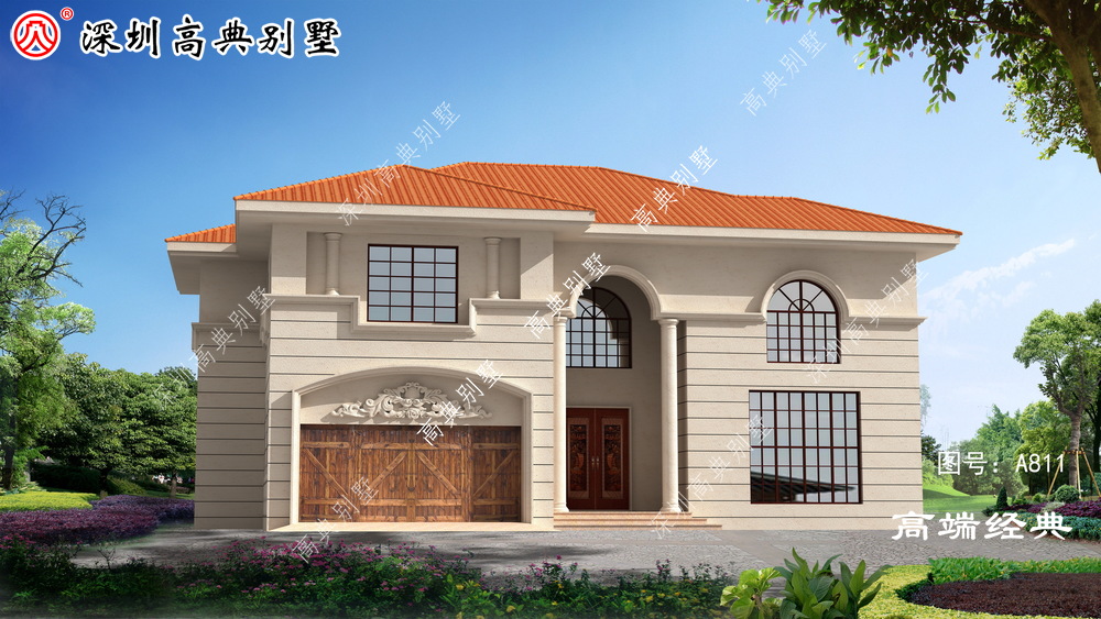 这款别墅不仅有,经典的挑高罗马柱,还有车库设计很是时尚