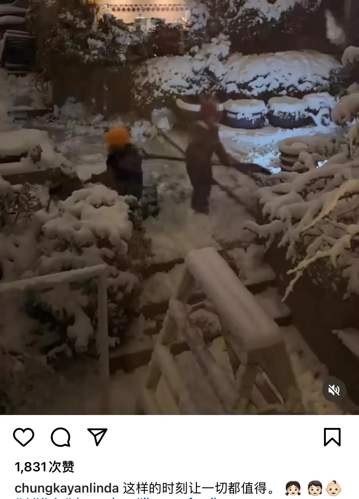 钟嘉欣|钟嘉欣晒俩儿女在家门口铲雪，姐弟俩太懂事，脸蛋冻红依然很欢乐