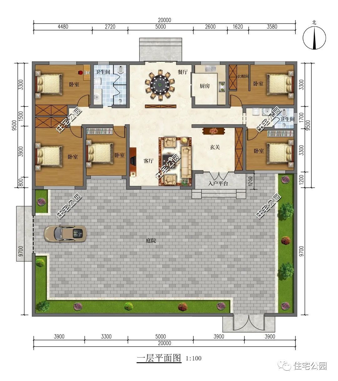20×9米合理布局的一层中式别墅,拥有超大庭院才是经典