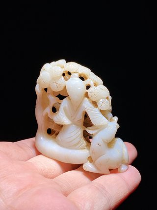 |清 和田玉 白玉 鹿鹤同春 炉顶 把件 摆件