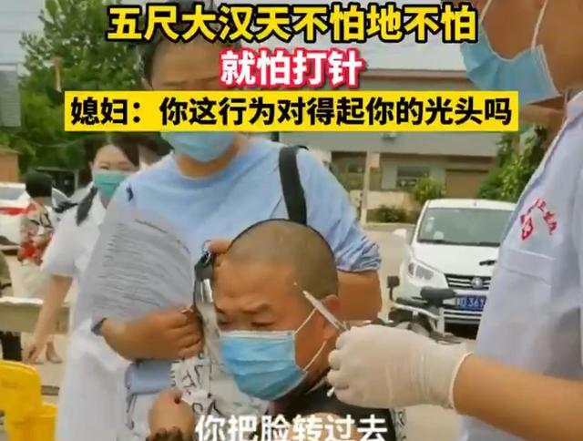 魁梧男子打针时连声哀嚎,用衣服蒙头不敢看,还钻媳妇怀里求安慰