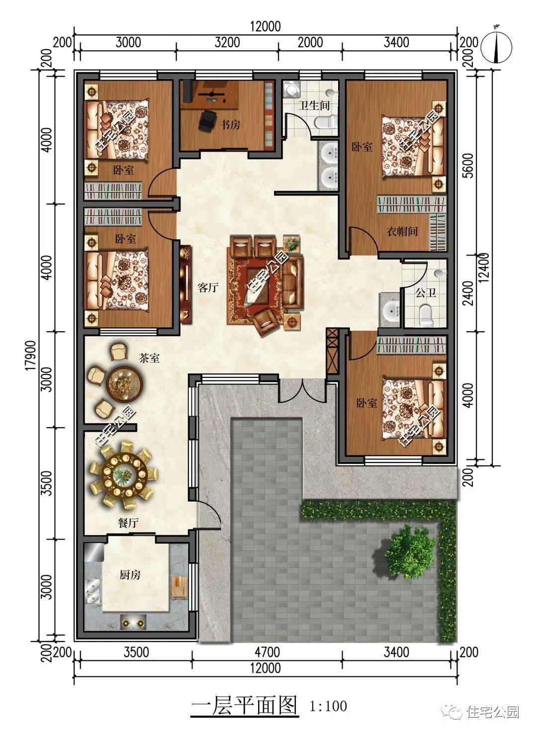 12×17米东西墙无窗的中式小院,庭院设计增加采光效率