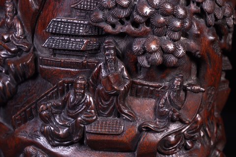 翡翠种水|旧藏:老沉香木雕“琴棋书画”文房笔筒。