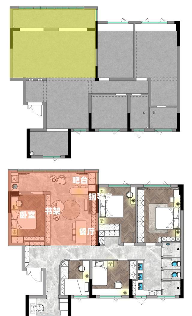 舍弃客厅赚到了,多出卧室、吧台、书房、钢琴室、餐厅5大功能区