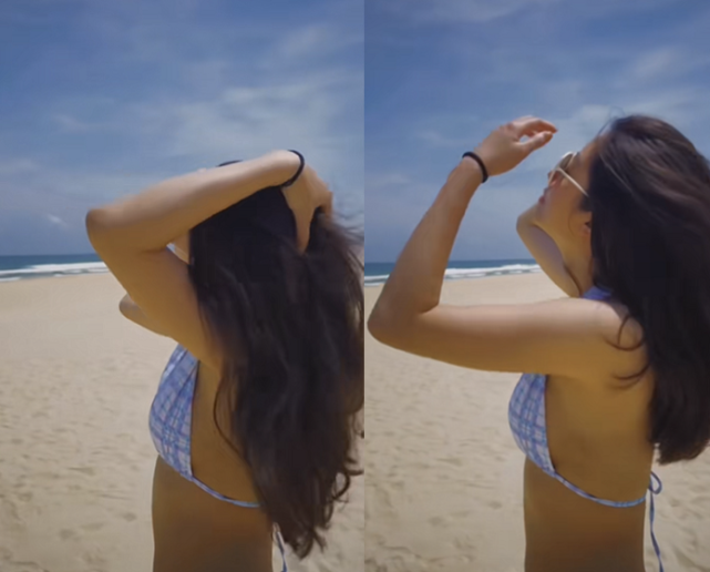 杨采钰|杨采钰在海边放飞自我，穿比基尼秀出火辣身材，皮肤晒黑姿态性感