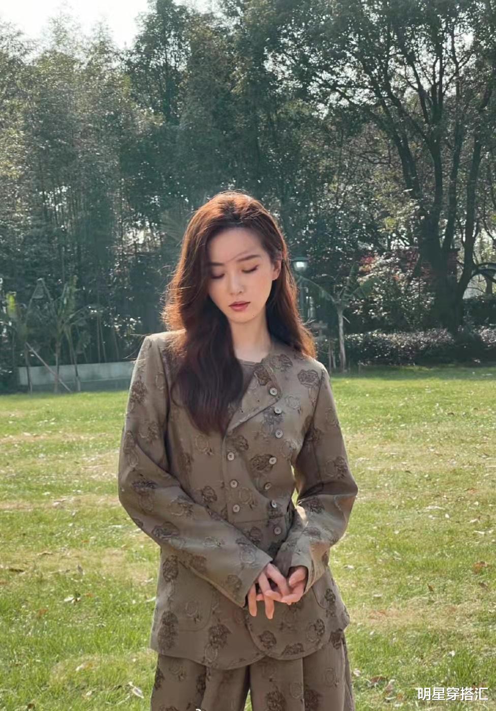 刘诗诗|刘诗诗春日出游大片释出,咖啡色刺绣西装出镜,温柔又贵气