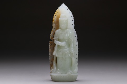 和田玉籽料|舊藏和田玉籽料“枣红皮 观音菩萨”立像