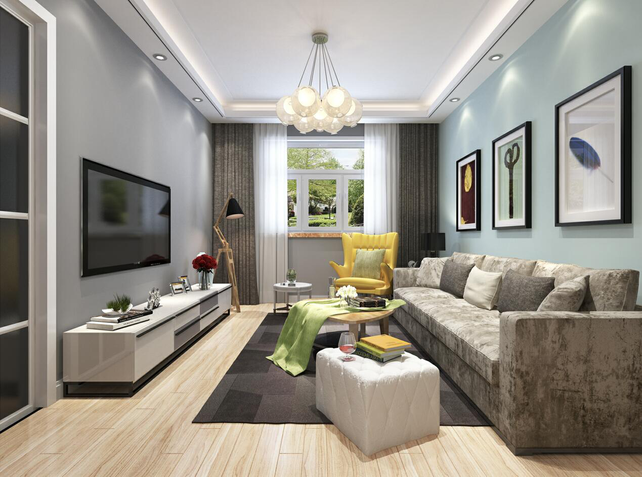 73平现代风二居室,线条简约流畅,色彩对比强烈,功能性强