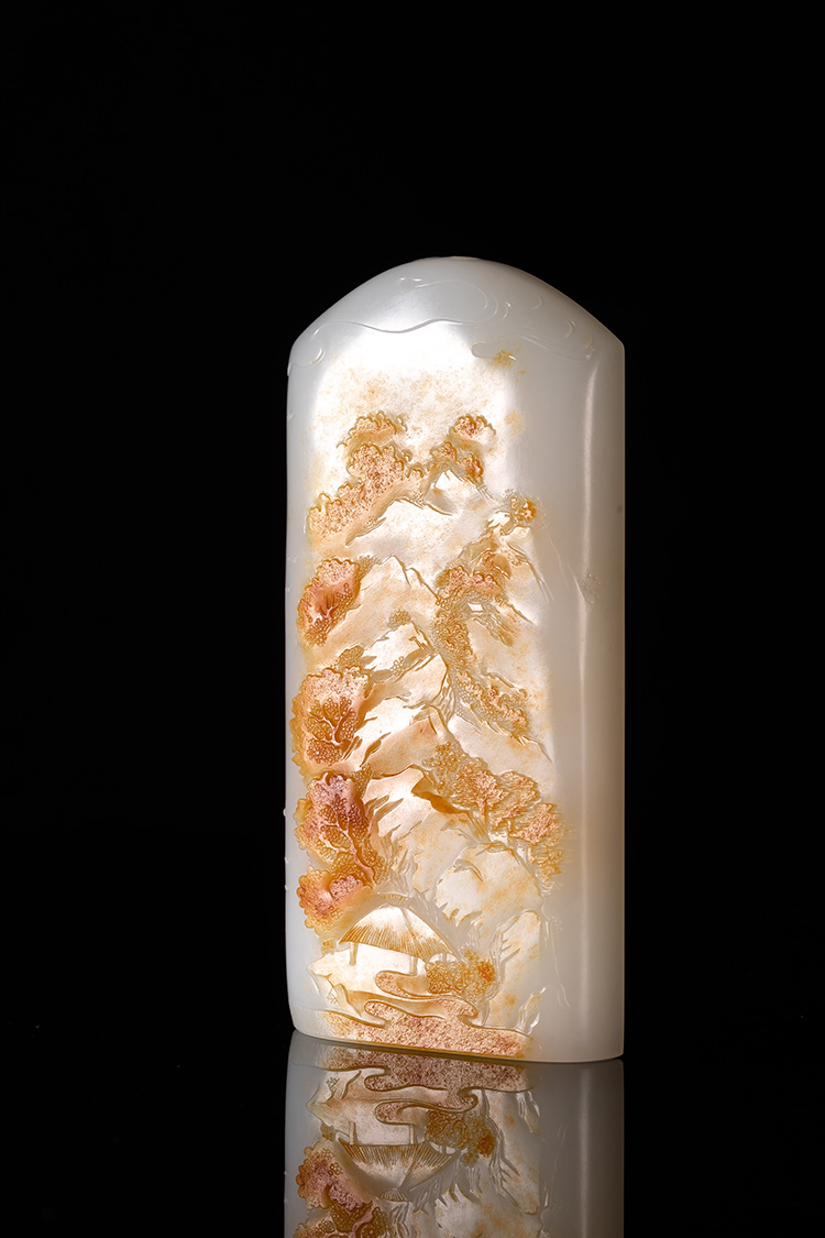 和田玉籽料|瞿利军《万山红遍》红皮白肉和田玉籽料艺术品欣赏 万山红遍 山水文人牌