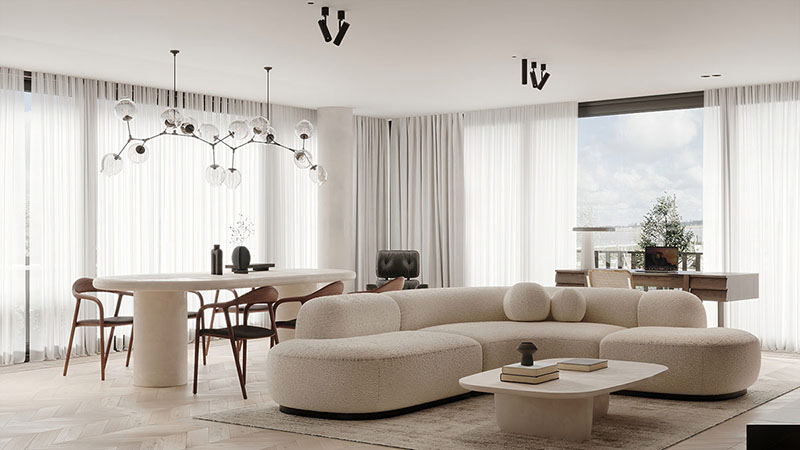 北京96平现代装修设计，用大量的曲线塑造出不一样的空间质感