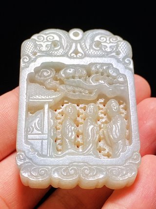 翡翠|清 老坑翡翠 透雕 螭龙纹 松下高士 玉牌 玉珮