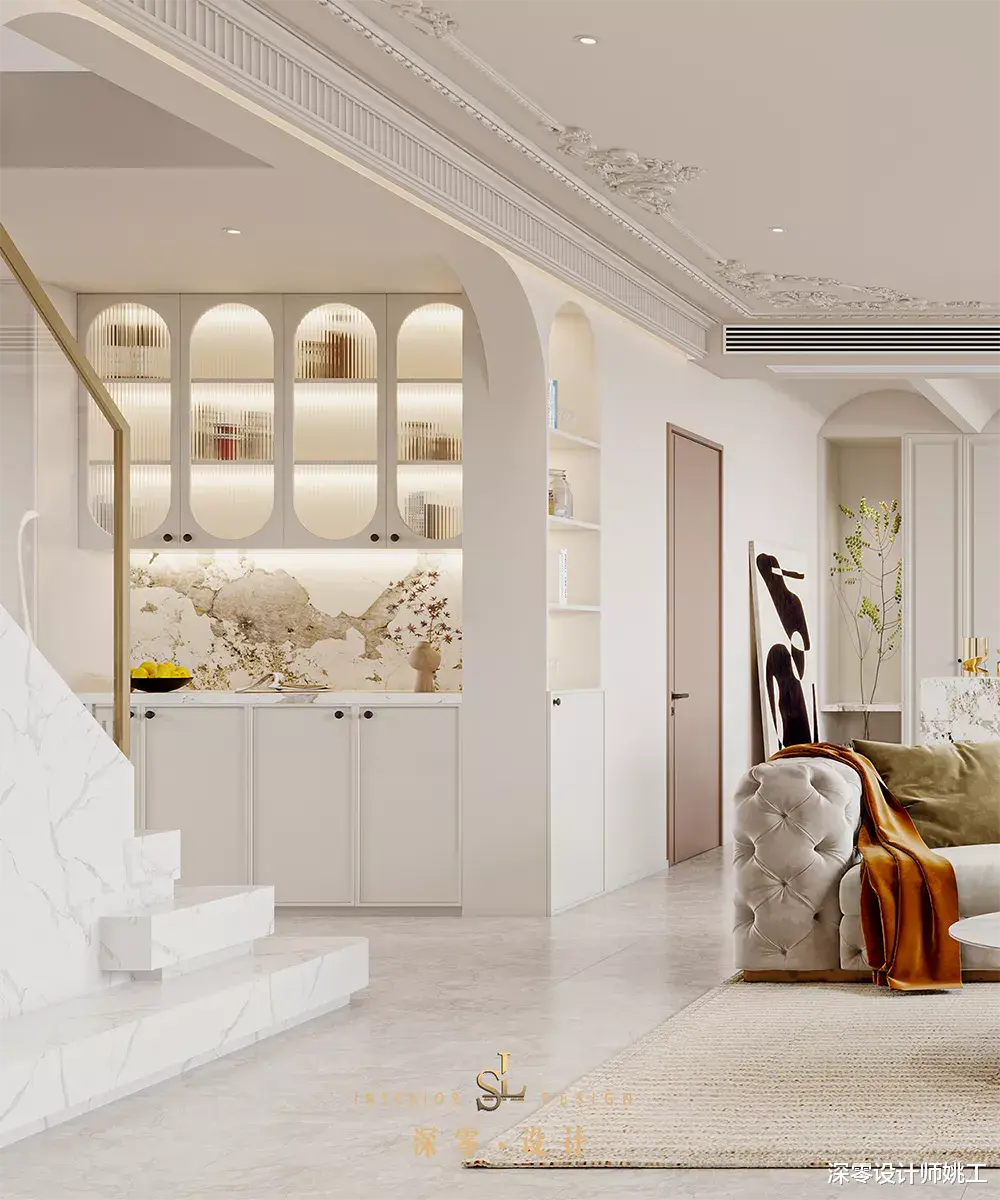 155㎡复式简约,角花线条编排弧形吊顶,优雅的花色电视墙让人痴迷