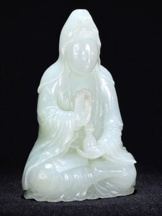 和田玉籽料|清乾隆 和田玉籽料 白玉 持瓶观音 佛像摆件