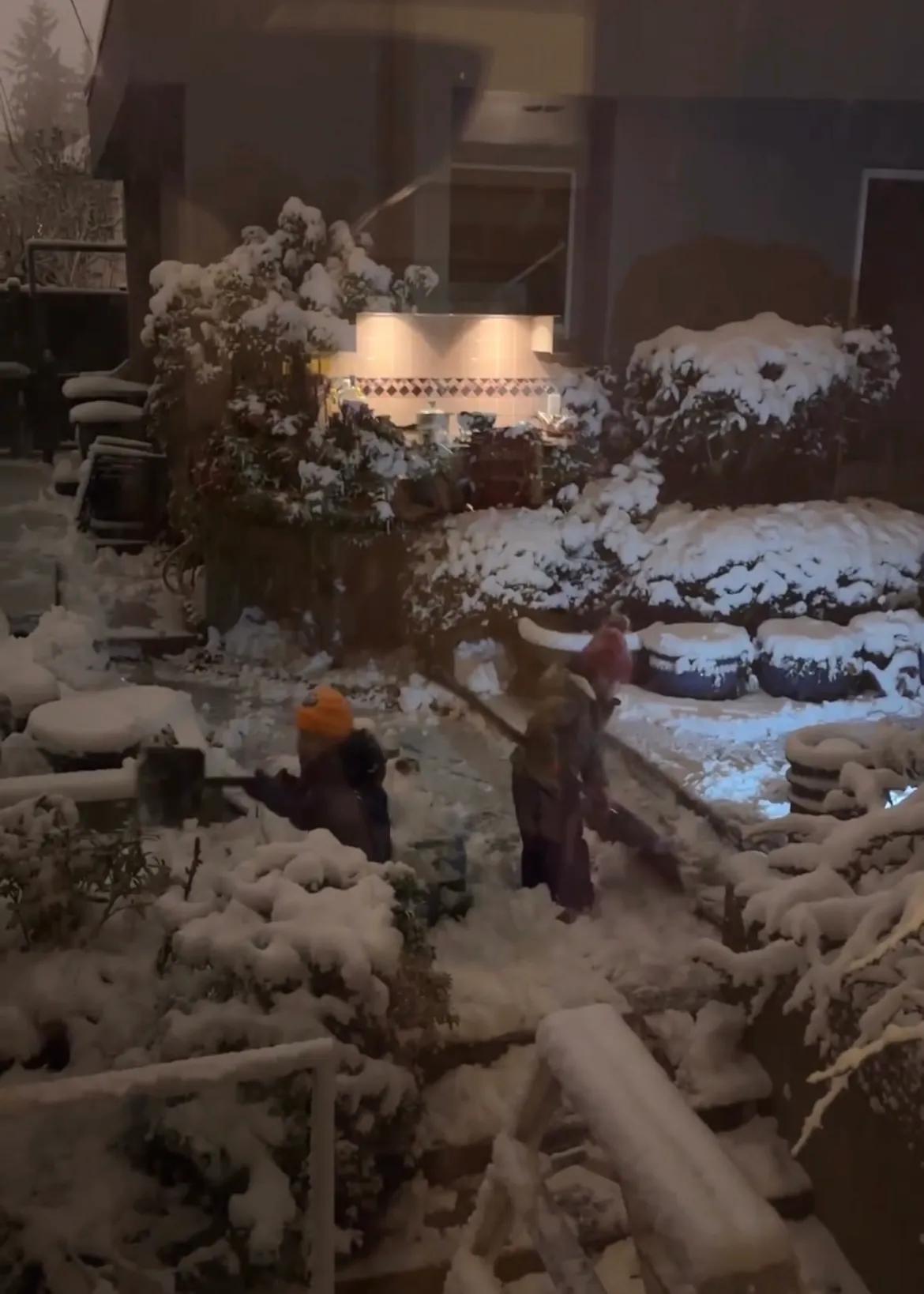 钟嘉欣|钟嘉欣晒俩儿女在家门口铲雪，姐弟俩太懂事，脸蛋冻红依然很欢乐