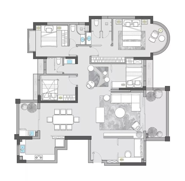 160㎡现代简约风,木饰面+黑色百叶,通透高级有气质!