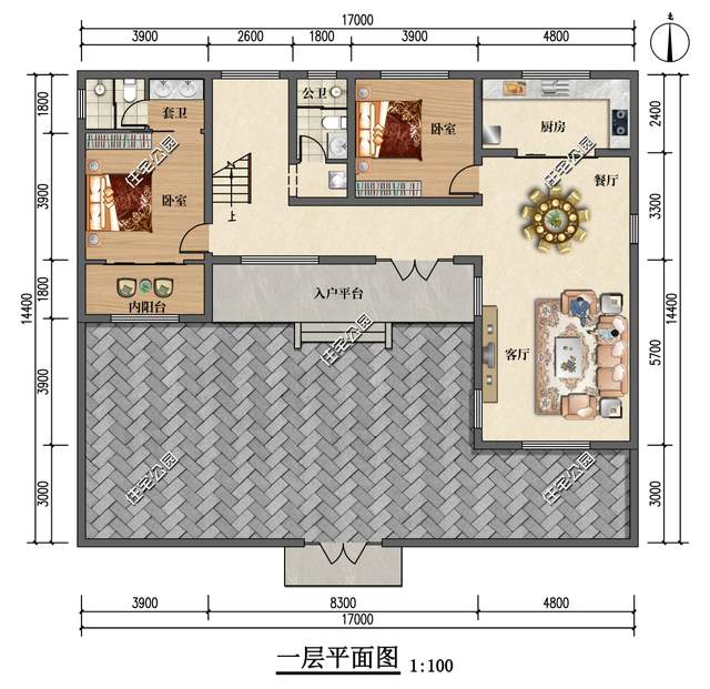 17×14米布局合理的二层苏式小院,主卧均朝南设计