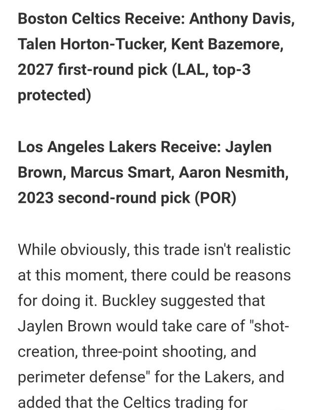 湖人与凯尔特人酝酿轰动NBA联盟的交易:浓眉与布朗或将互换东家
