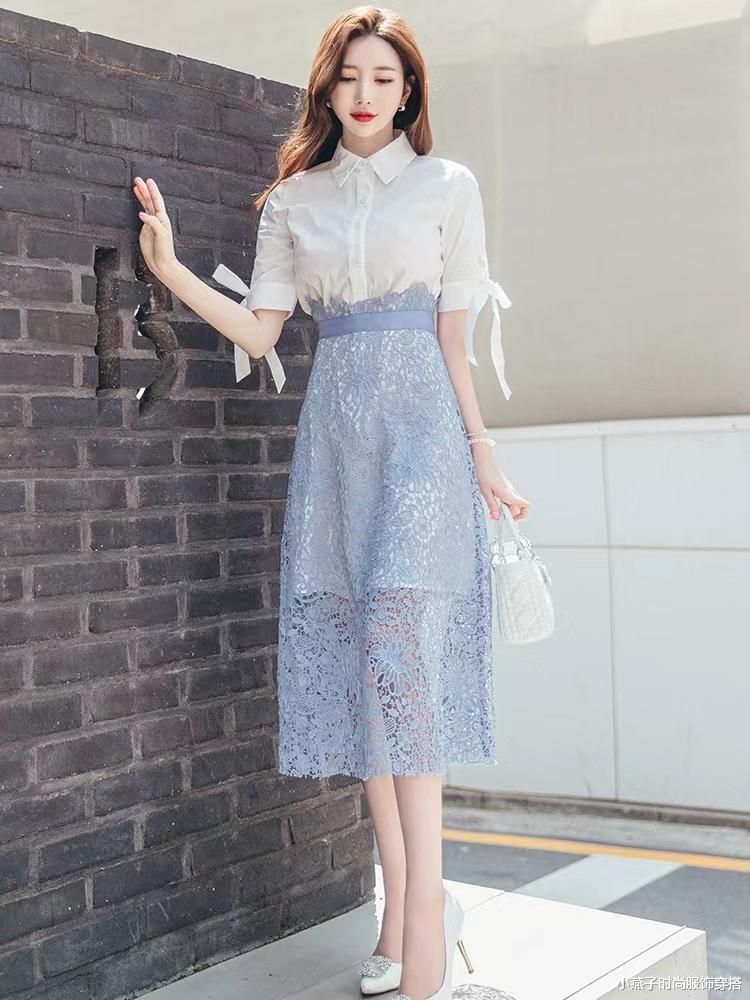 夏日清凉气质穿搭，白色衬衫搭配长款蕾丝半身裙