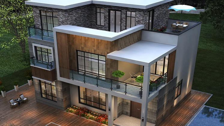 别墅|14×12米三层现式小别墅，真石漆与文化石的结合，演绎多层次美