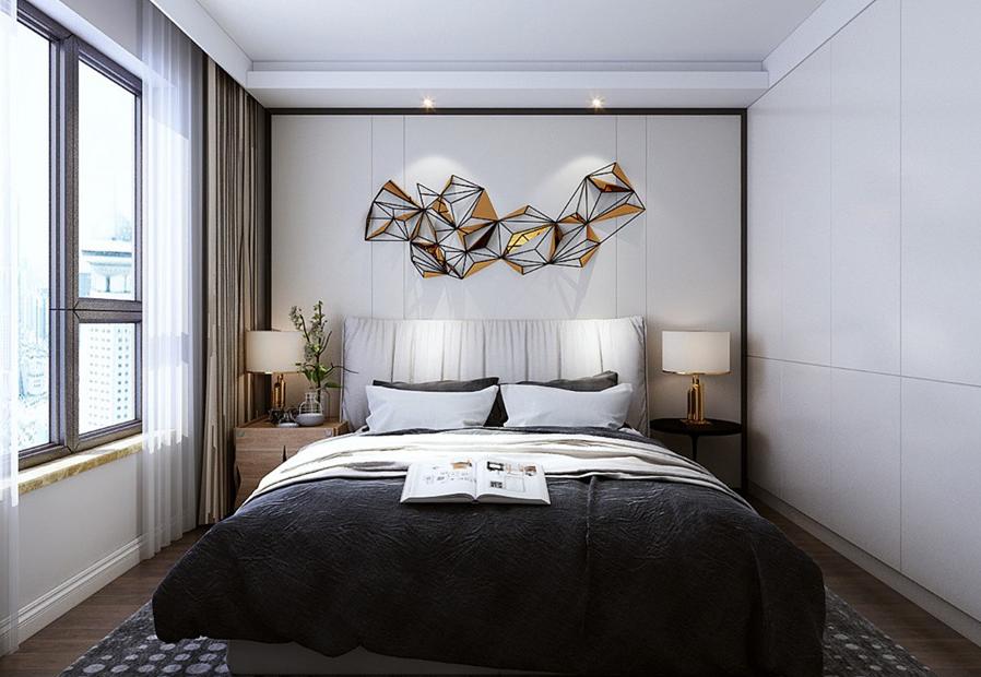 119平背景墙是纯白色内嵌式柜子,柜子开放格居然还装了鱼缸