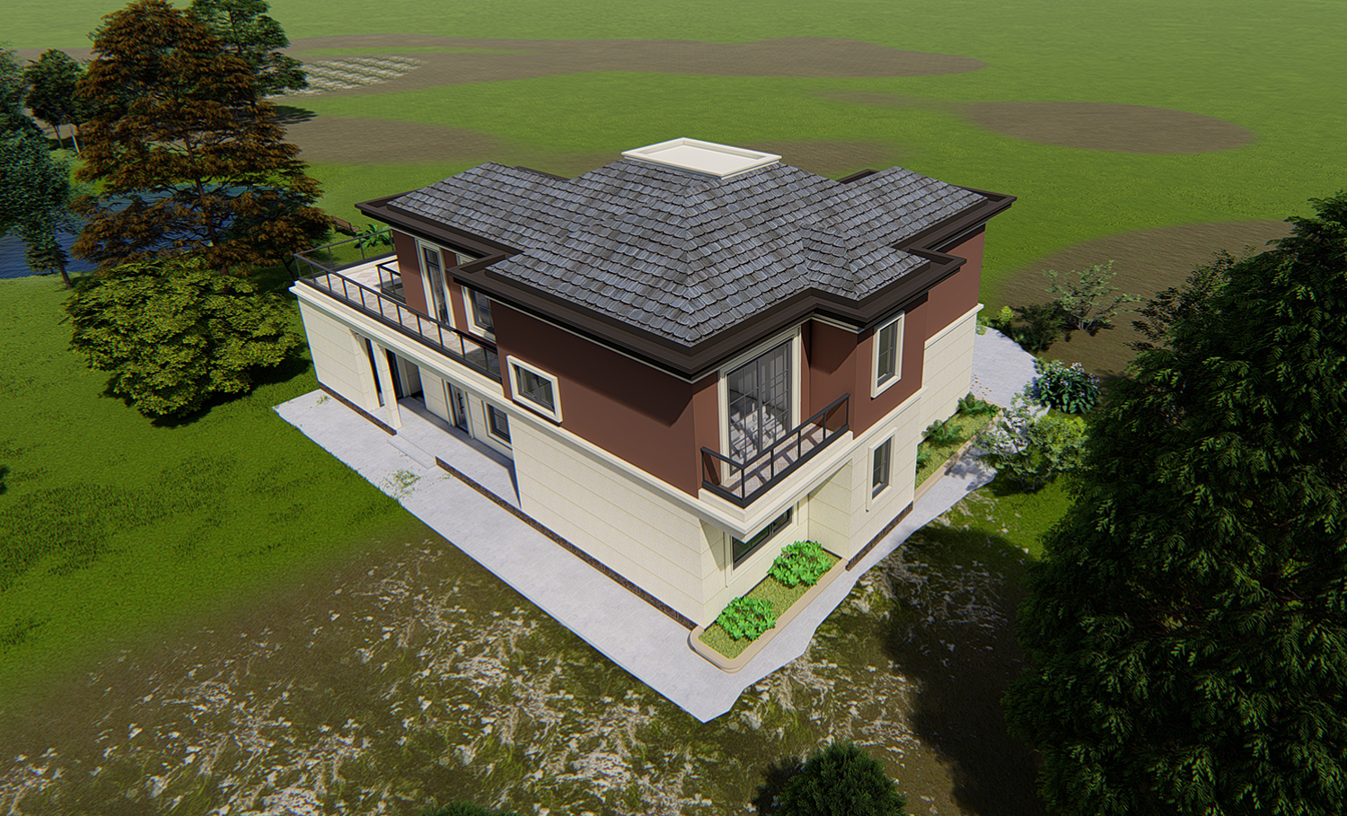 土建造价参考50.3万,面宽17.1m×进深11.7m 二层新中式风格别墅