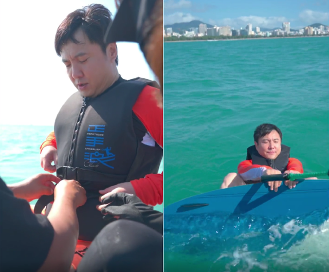 沈腾|42岁沈腾海上冲浪太搞笑！身形摇晃一屁股坐进海里，连摔多次太狼狈