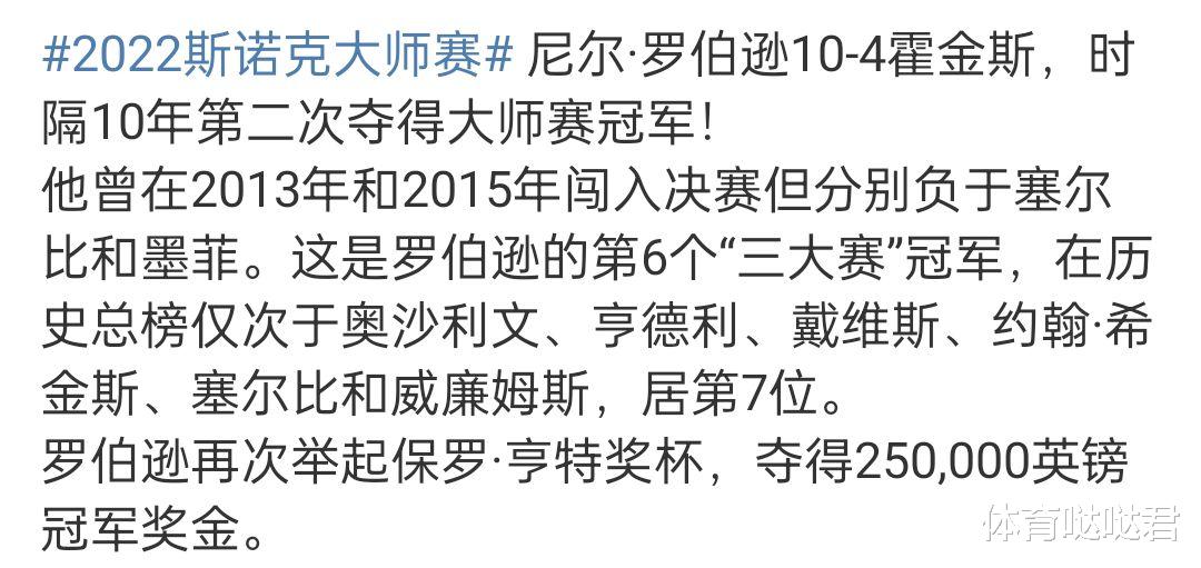 罗伯逊|罗伯逊夺冠成斯诺克历史第七！丁俊晖紧随其后，排在特鲁姆普前面