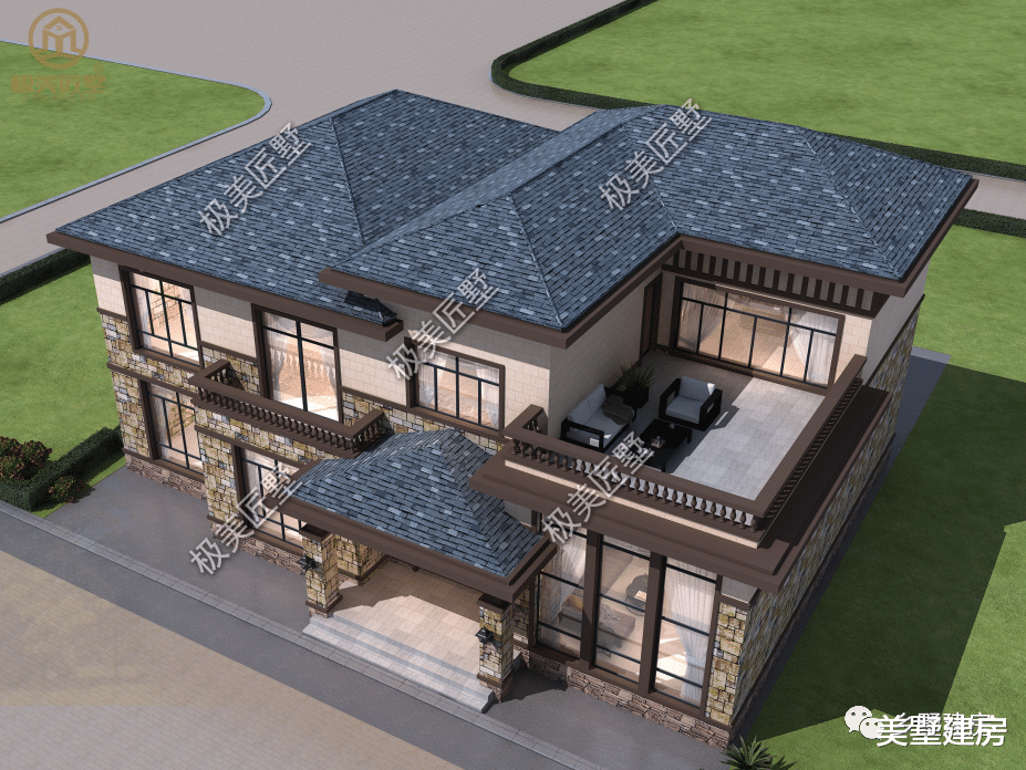一款深蓝色坡屋顶二层别墅，设计比较考究，喜欢的收藏