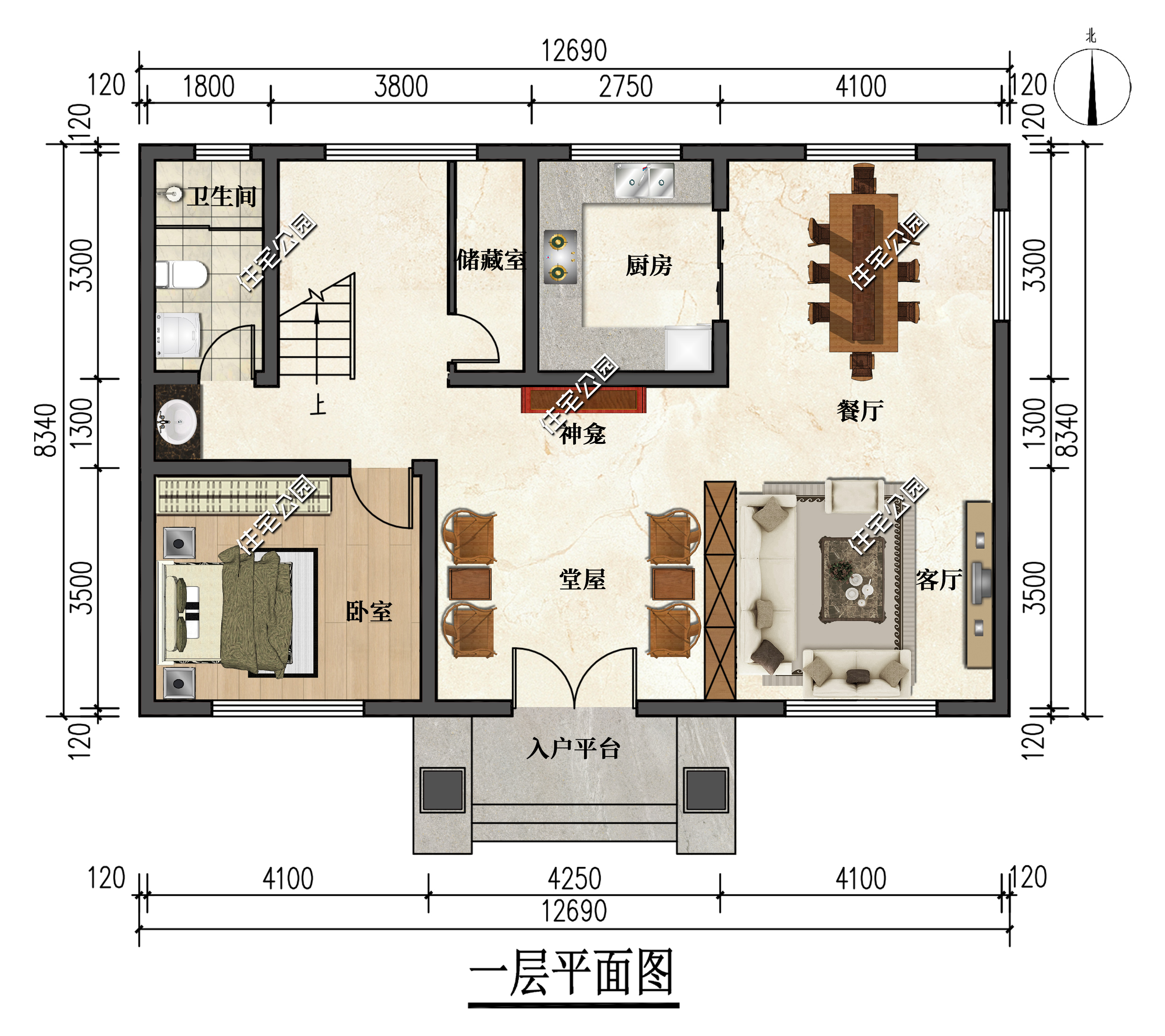 神龛+书房+棋牌室+露台,12×8米三层欧式别墅,有堂屋更实用
