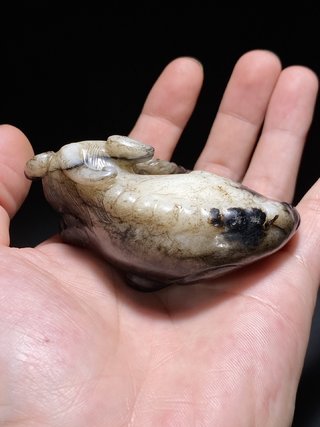 和田玉籽料|元 和田玉籽料 脂白玉 黑漆 独角兽 瑞兽 摆件 纸镇 把件