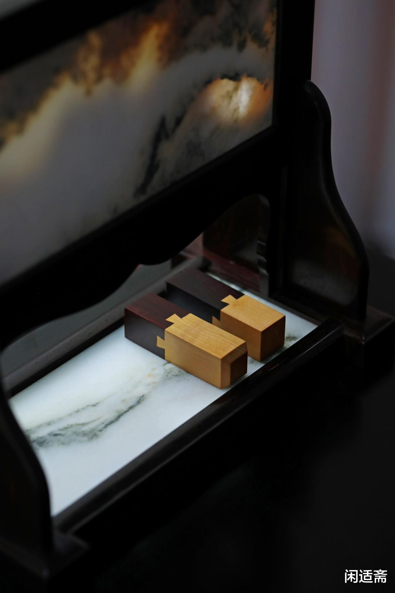 紫檀|文房清玩，复刻攻玉山房藏款，紫檀镶云石砚屏