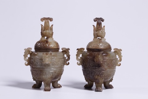 |战汉,和田玉带沁兽面纹盖炉一对