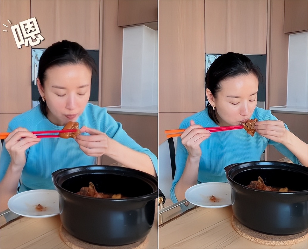 董洁|42岁董洁素颜豪宅内做饭！皮肤白皙面泛油光，光手抓猪蹄啃太豪迈