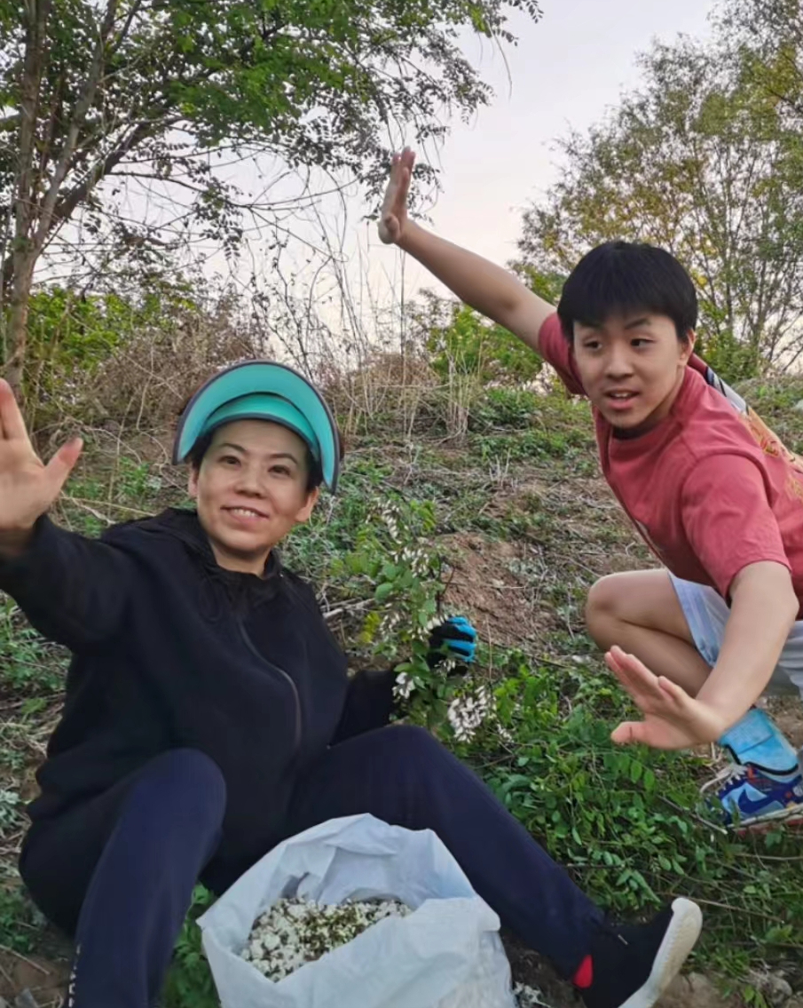 |接地气！邓亚萍母子摘槐花包饺子，儿子成男子汉，拍照合影很温馨