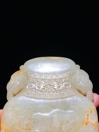 和田玉籽料|清中期 和田玉籽料 白玉沁色 太平有象 宝瓶式砚 玉砚