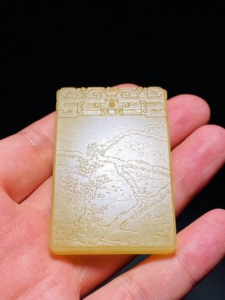 道光|清道光 和田玉籽料 黄玉 春耕图 诗文牌 宏晋款