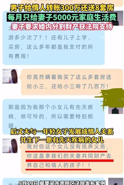 厦门男子给情人转账几百万送8套房,每月只给辞职顾家的妻子5千