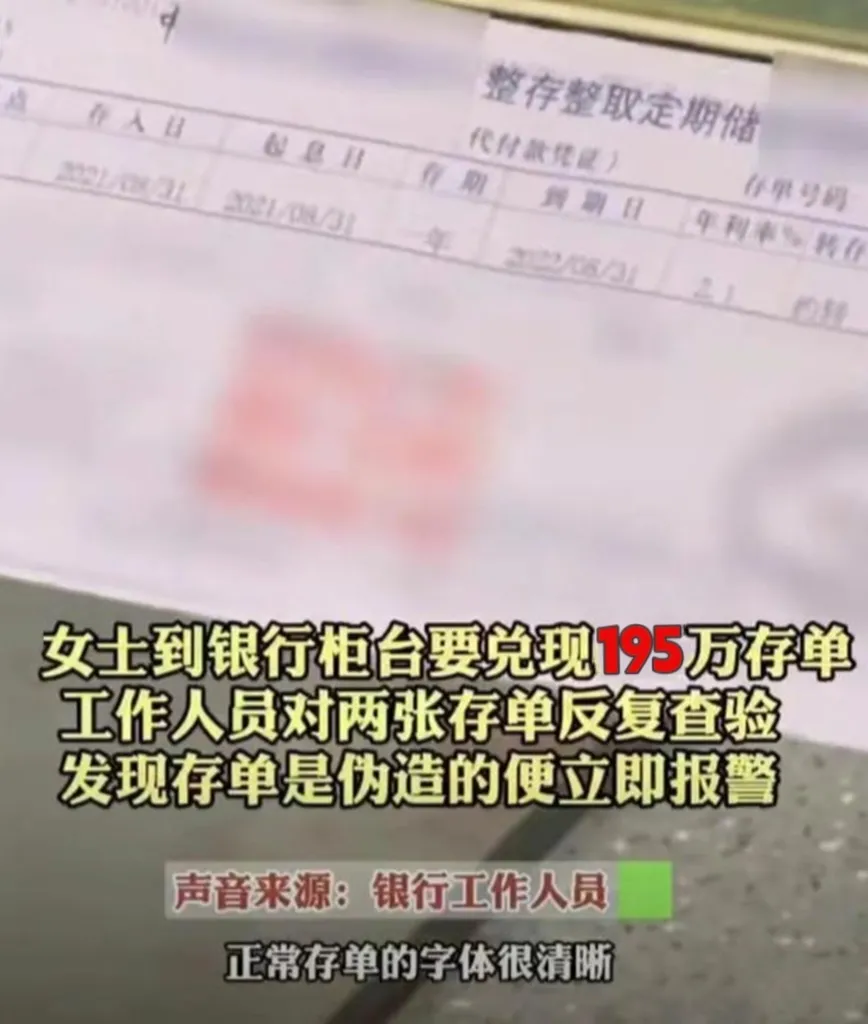 上海浦东,一女子拿了两张总额为195万的存单去银行取钱