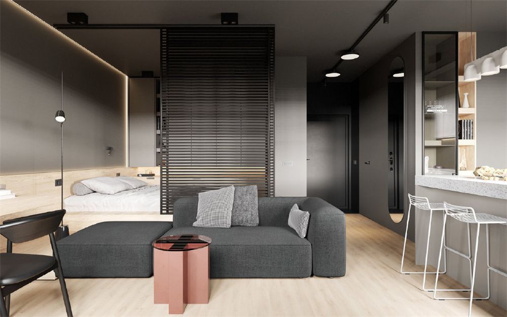 一套38㎡独居公寓:深色调设计却不压抑,开放式设计宽敞明亮