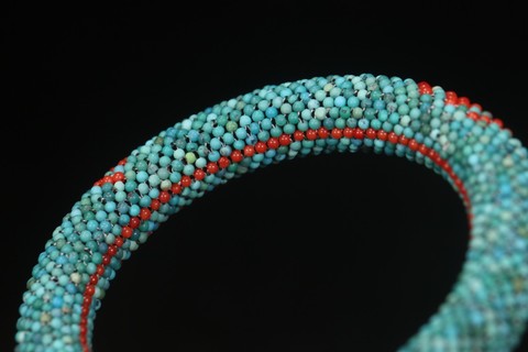 绿松石|清 宫廷风格 老绿松石辑米珠手镯一对