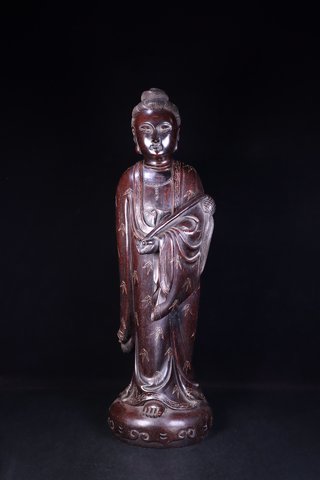 紫檀|回流:老紫檀木雕镶银丝观音立像。